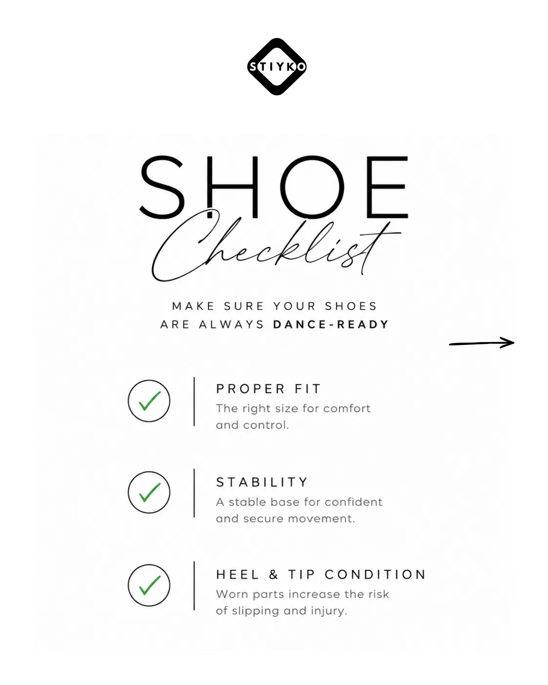 Stiyko Dance shoe safety checklist — check the correct size, heel stability, and the condition of the heel and heel tip