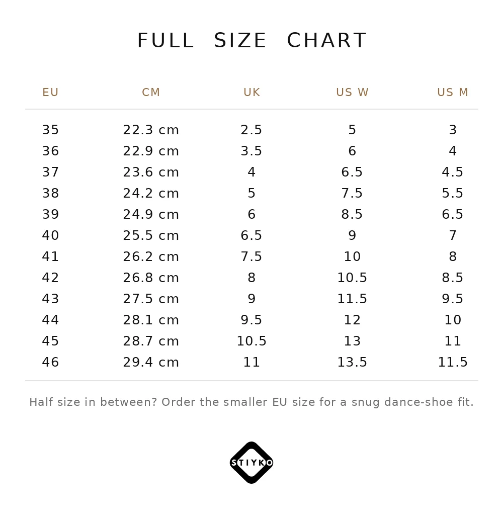 Full dance shoe size chart converting EU sizes 35 to 46 to centimetres, UK, US women's and US men's sizes