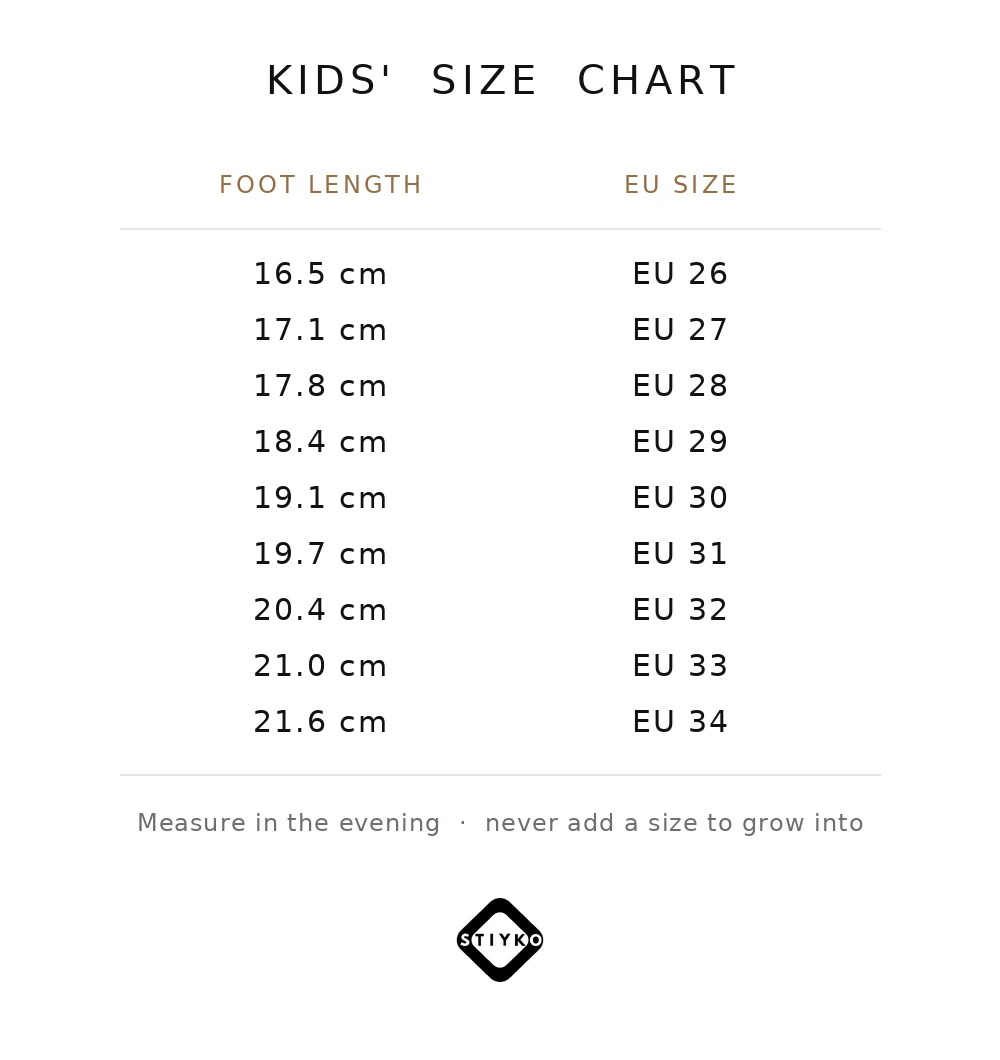 Children's dance shoe size chart: foot length from 16.5 cm to 21.6 cm converted to EU sizes 26 to 34