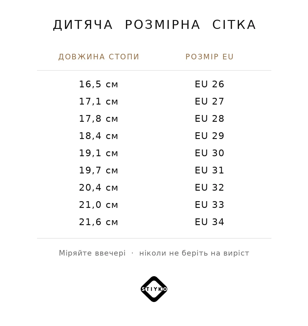 Розмірна сітка дитячого танцювального взуття: довжина стопи від 16,5 до 21,6 см у розмірах EU від 26 до 34